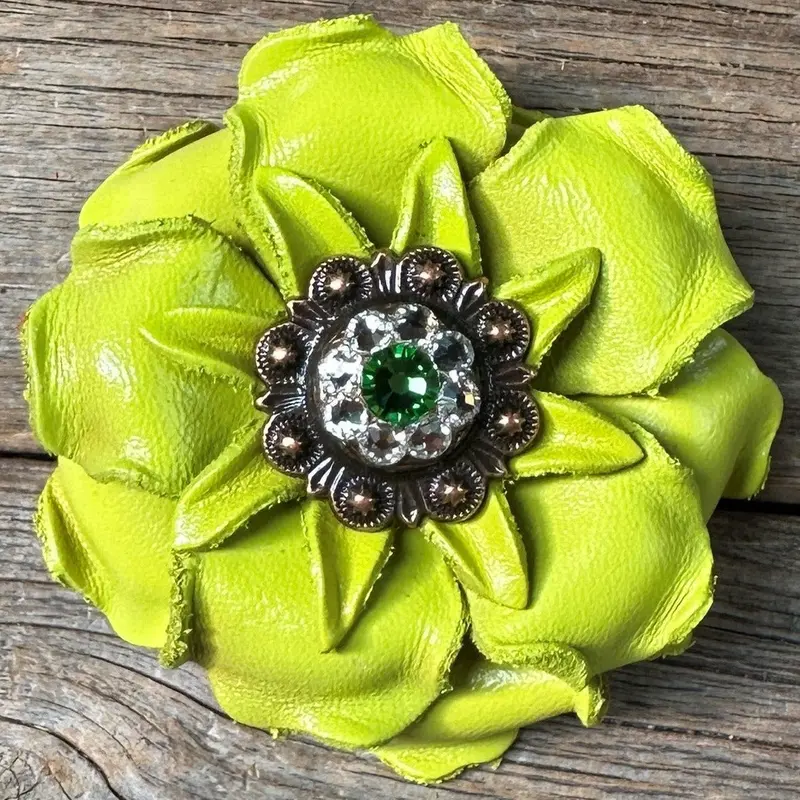 Neon Lime Gardenia Flower With Copper Fern & Clear 1" Concho 1