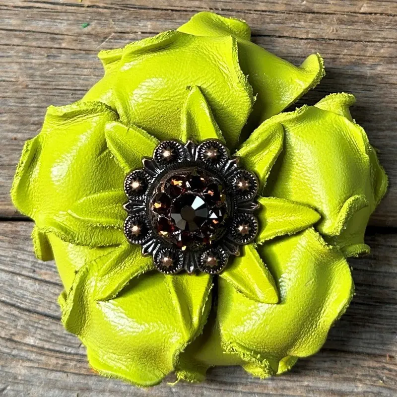 Neon Lime Gardenia Flower With Copper Jet & Topaz 1" Concho 1