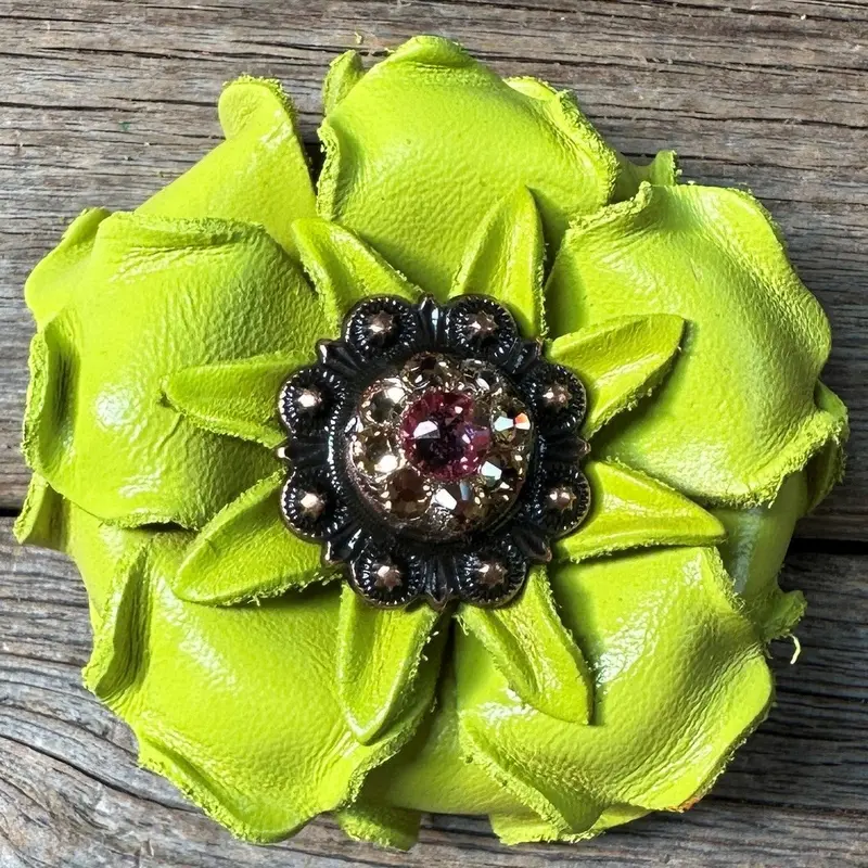 Neon Lime Gardenia Flower With Copper Pink & Champagne 1" Concho 1