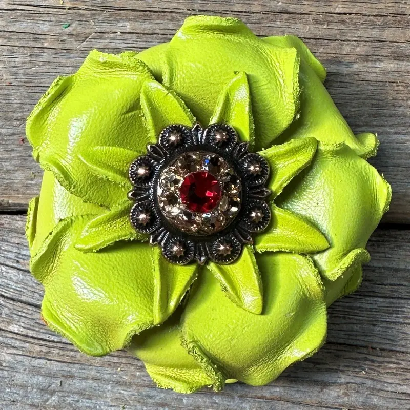 Neon Lime Gardenia Flower With Copper Ruby & Champagne 1" Concho 1