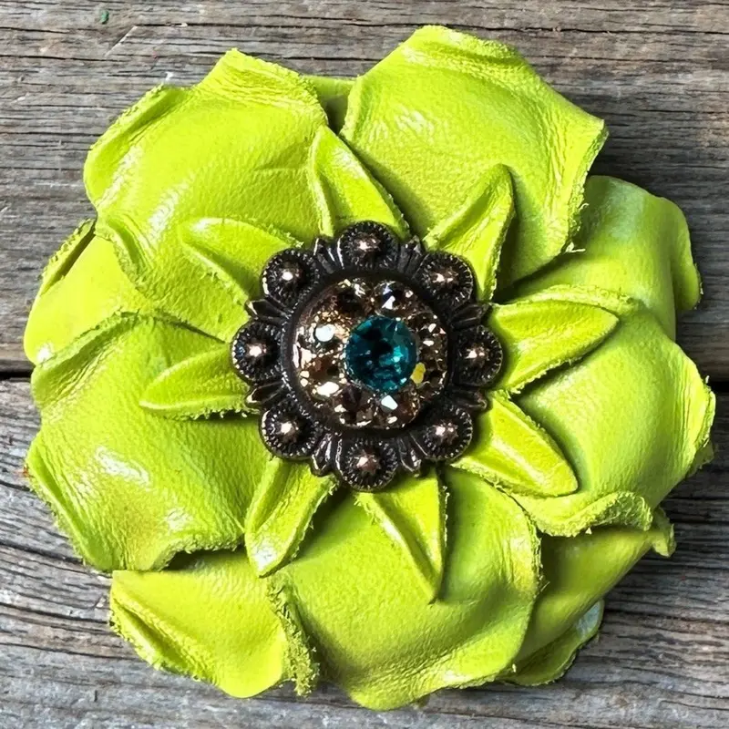 Neon Lime Gardenia Flower With Copper Teal & Champagne 1" Concho 1