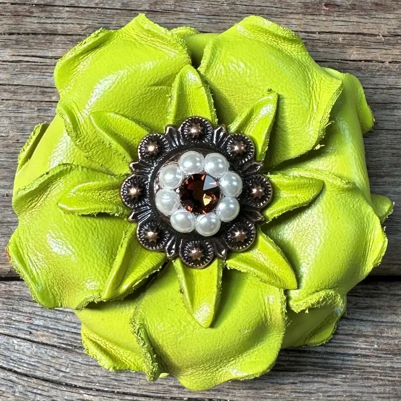 Neon Lime Gardenia Flower With Copper Topaz & Pearl 1" Concho 1