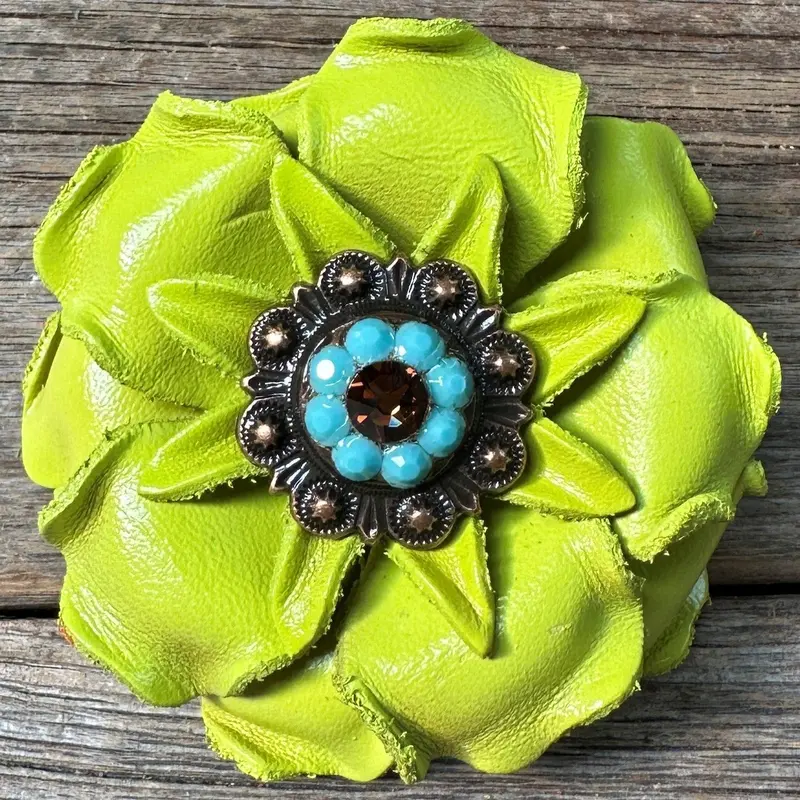 Neon Lime Gardenia Flower With Copper Topaz & Turquoise 1" Concho 1