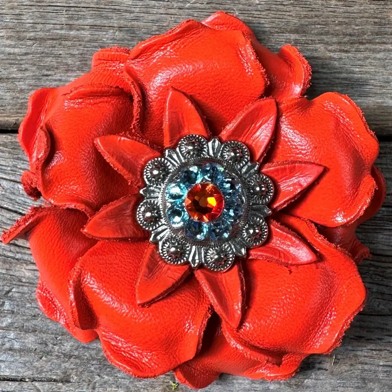 Neon Orange Gardenia Flower With Antique Silver Fire Opal & Aqua 1" Concho 1