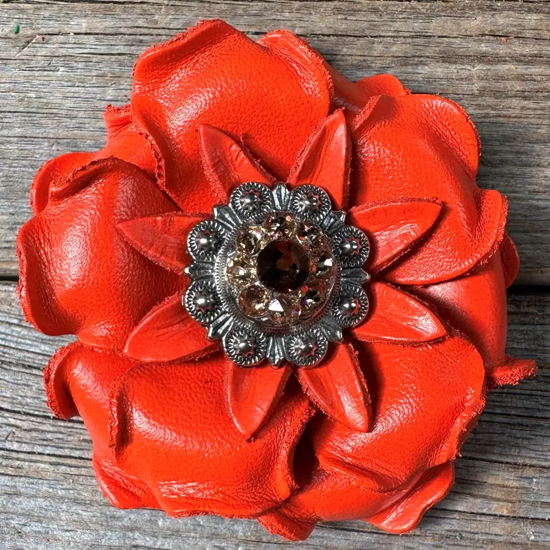 Neon Orange Gardenia Flower With Antique Silver Topaz & Champagne 1" Concho 1