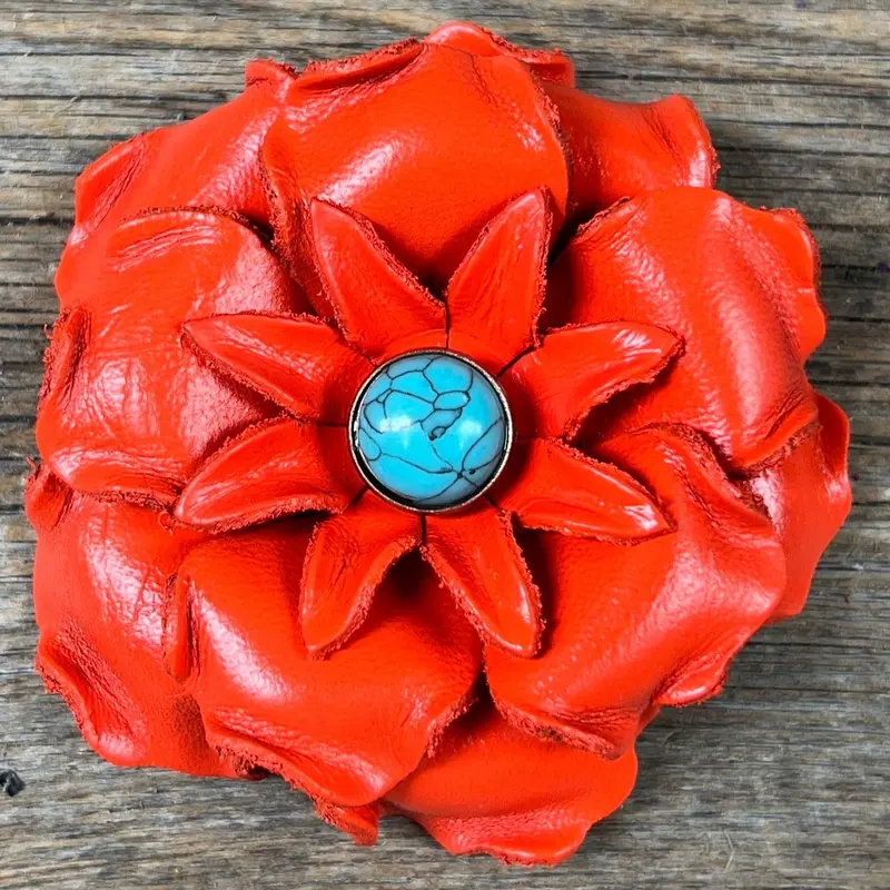 Neon Orange Gardenia Flower With Round Turquoise Cabochon 1