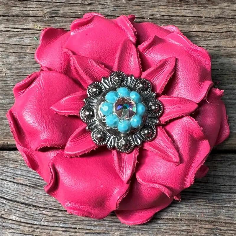 Neon Pink Gardenia Flower With Antique Silver Turquoise & Ab 1" Concho 1