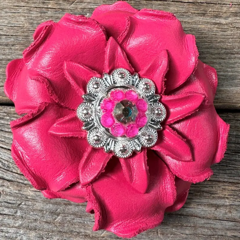 Neon Pink Gardenia Flower With Bright Silver Neon Pink & Ab 1" Concho 1