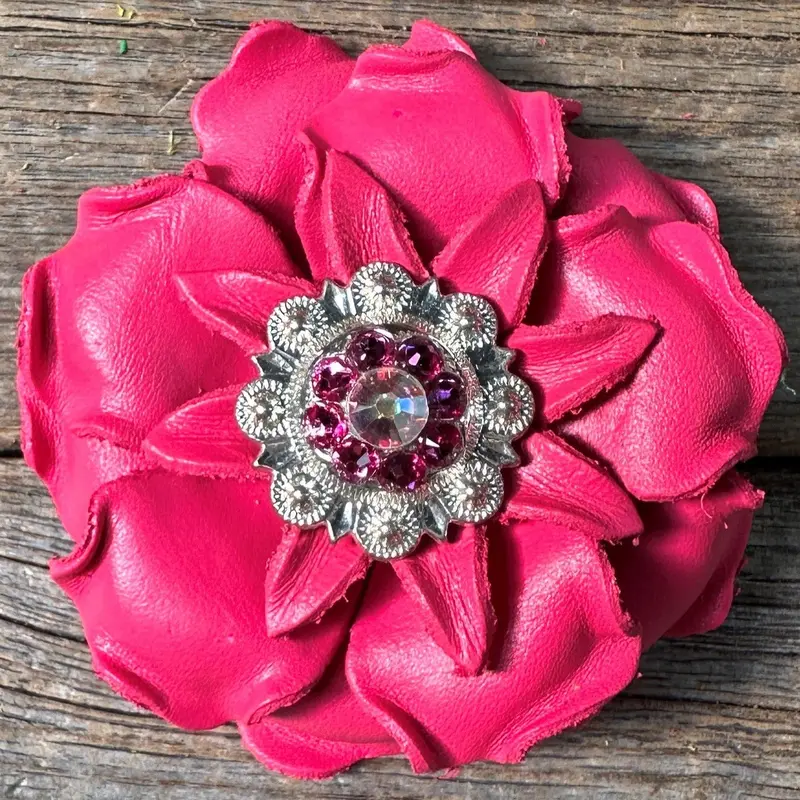 Neon Pink Gardenia Flower With Bright Silver Pink & Ab 1" Concho 1