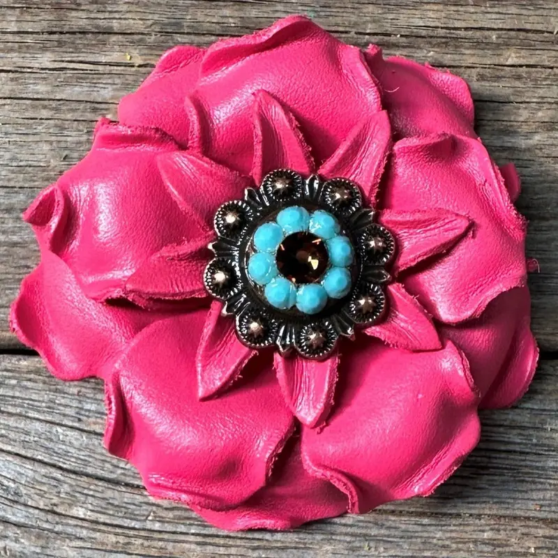 Neon Pink Gardenia Flower With Copper Topaz & Turquoise 1" Concho 1