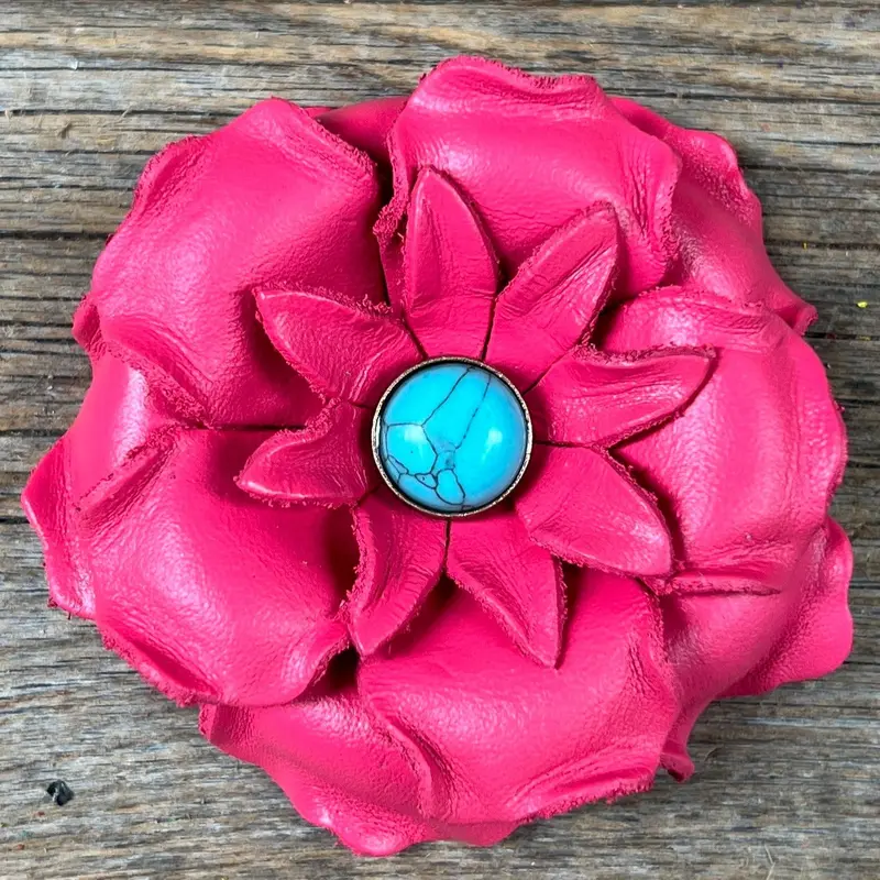 Neon Pink Gardenia Flower With Round Turquoise Cabochon 1