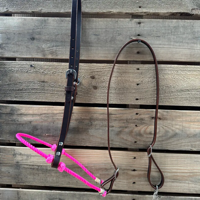 Neon Pink Single Rope Noseband Lariat With Leather Hanger #Han100 1