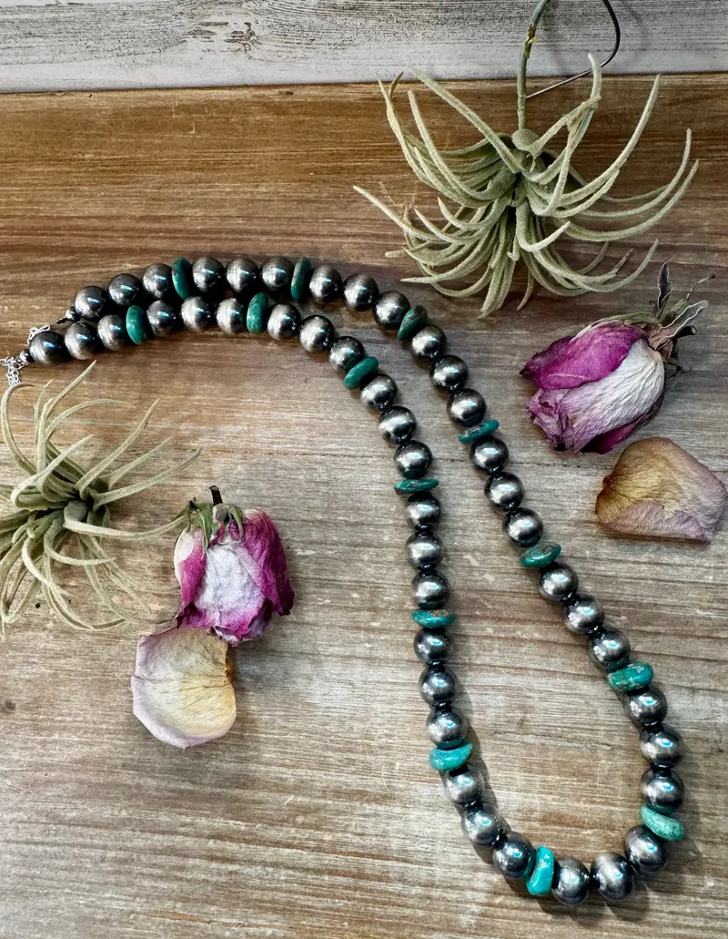 Nfr Collection Necklace – 14Mm Sterling Silver Pearls With 16Mm Green Turquoise Rondelles –  28.5" 1