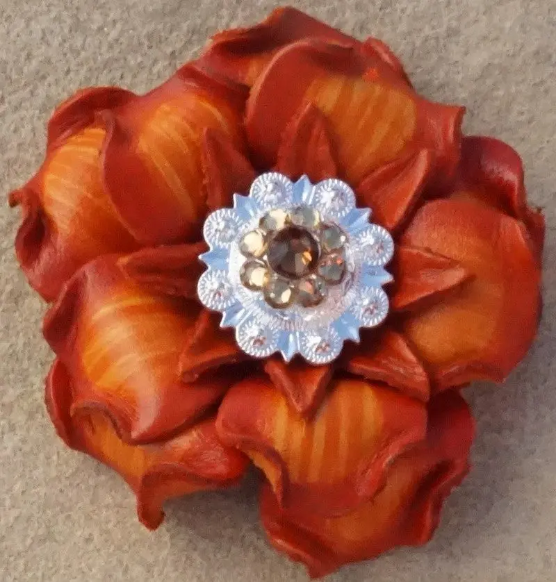 Orange Gardenia Flower With Bright Silver Topaz And Champagne 1" Concho 1