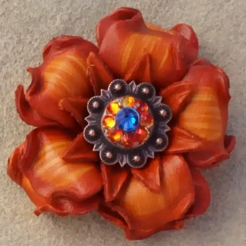 Orange Gardenia Flower With Copper Capri & Fire Opal 1" Concho 1