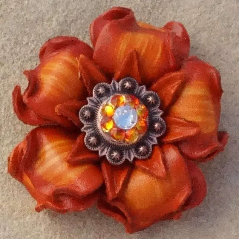 Orange Gardenia Flower With Copper Fire Opal And Clear 1" Concho 1