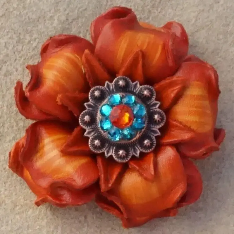 Orange Gardenia Flower With Copper Fire Opal & Teal 1" Concho 1
