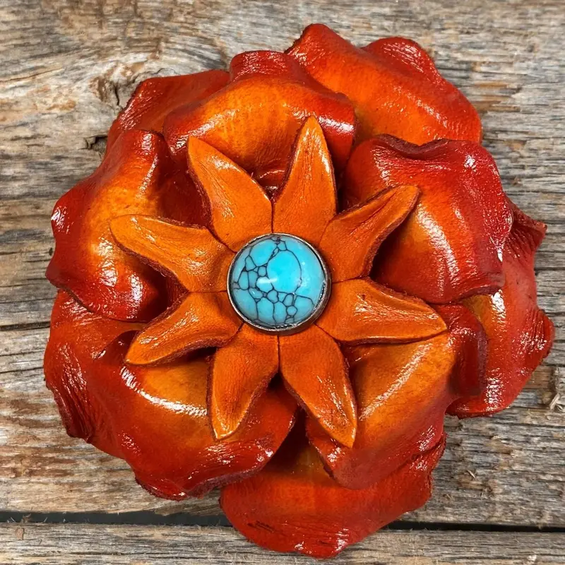 Orange Gardenia Flower With Round Turquoise Cabochon 1