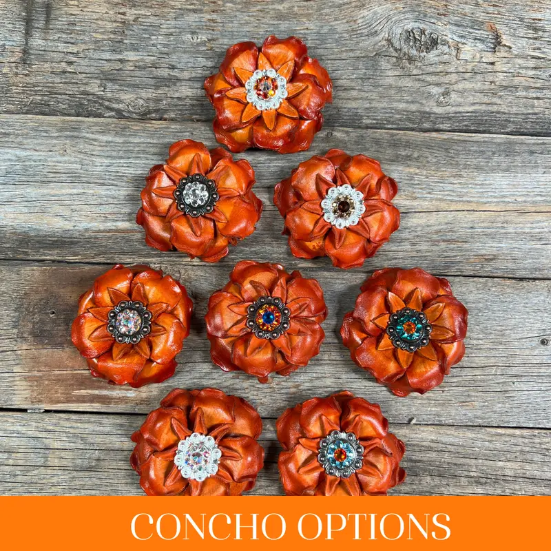 Orange Gardenia Leather Flowers - 1" Crystal Conchos - Options 1