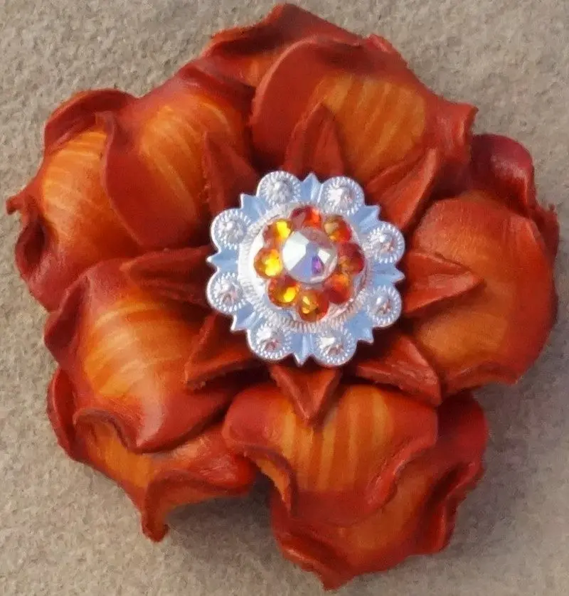 Orange Gardenia Leather Flowers - 1" Crystal Conchos - Options 2