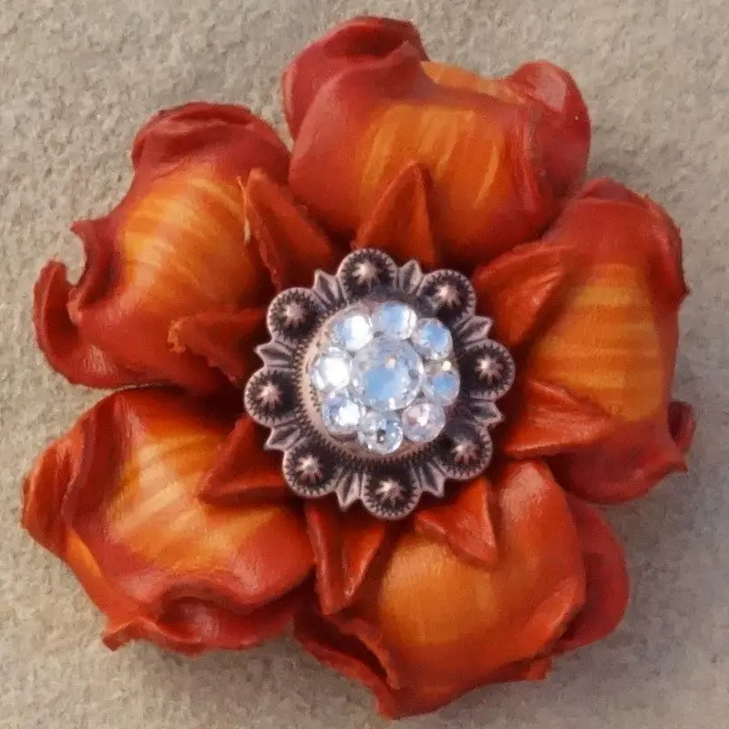 Orange Gardenia Leather Flowers - 1" Crystal Conchos - Options 3