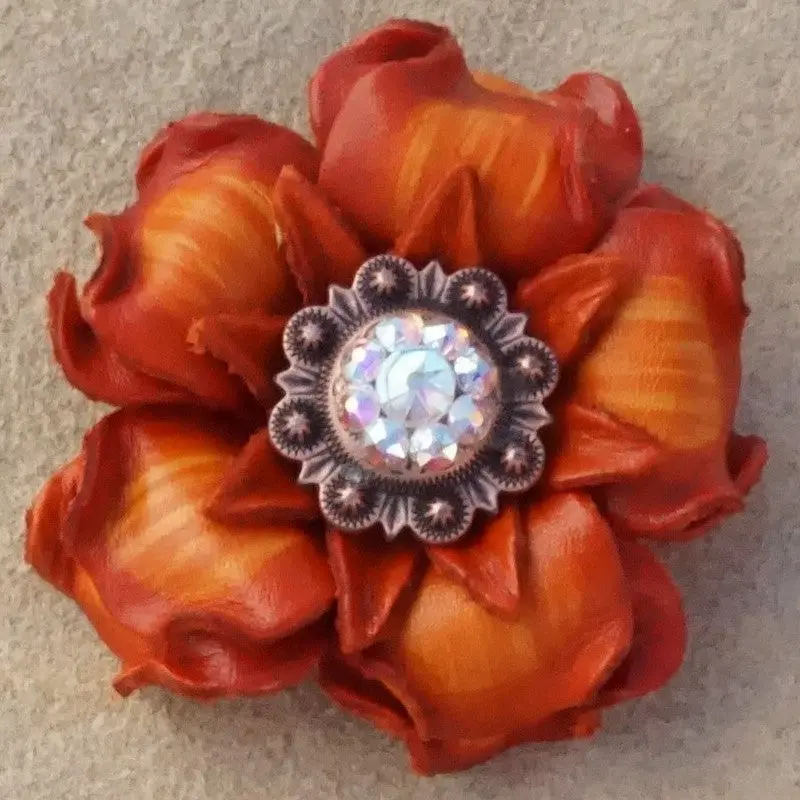 Orange Gardenia Leather Flowers - 1" Crystal Conchos - Options 5