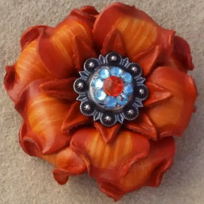 Orange Gardenia Leather Flowers - 1" Crystal Conchos - Options 8