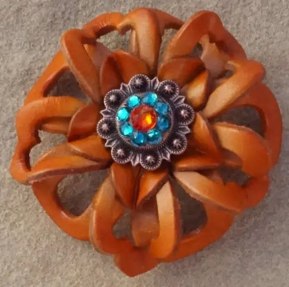 Orange Lotus Flower With Copper Fire Opal & Teal 1" Concho 1