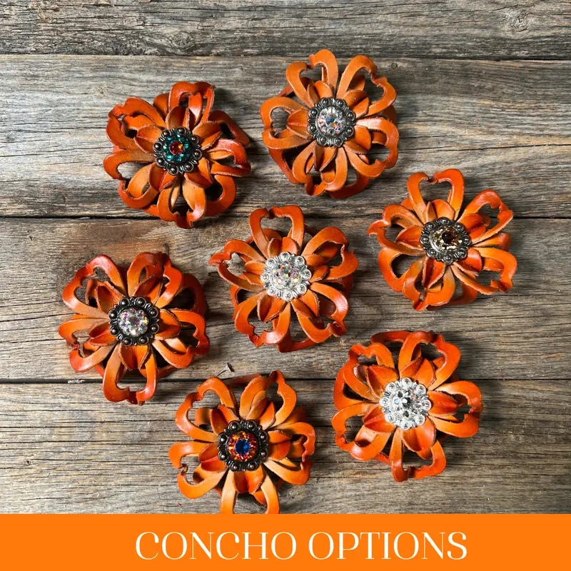 Orange Lotus Leather Flowers - 1" Crystal Conchos - Options 1