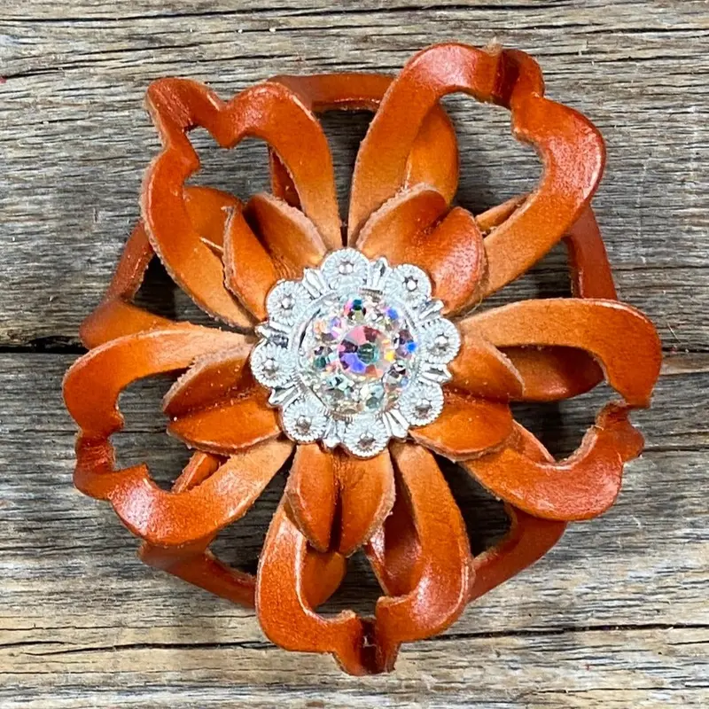 Orange Lotus Leather Flowers - 1" Crystal Conchos - Options 5