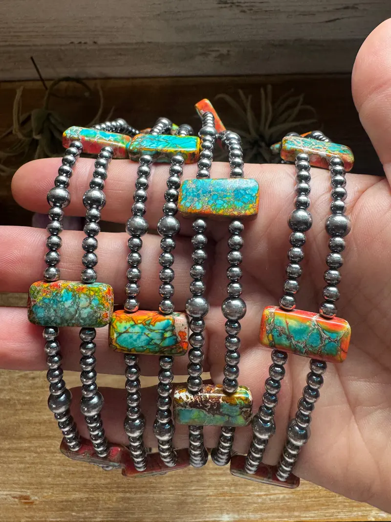 Orange/Turquoise Double Strand Necklace – 13” Beaded – Sterling Silver Pearls & Rectangle Variscite 1