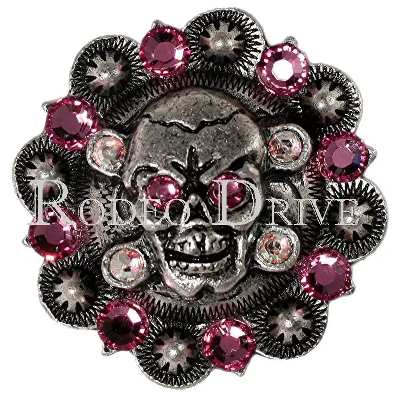 Pink & Ab Antique Silver 1.75" Skull European Crystal Concho 1