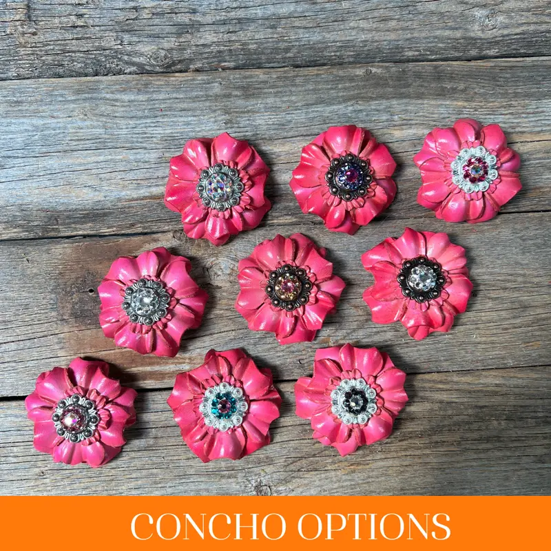 Pink Carnations Leather Flowers - 1" Crystal Conchos - Options 1