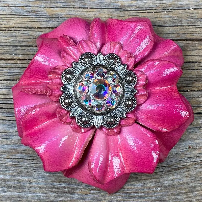Pink Carnations Leather Flowers - 1" Crystal Conchos - Options 2