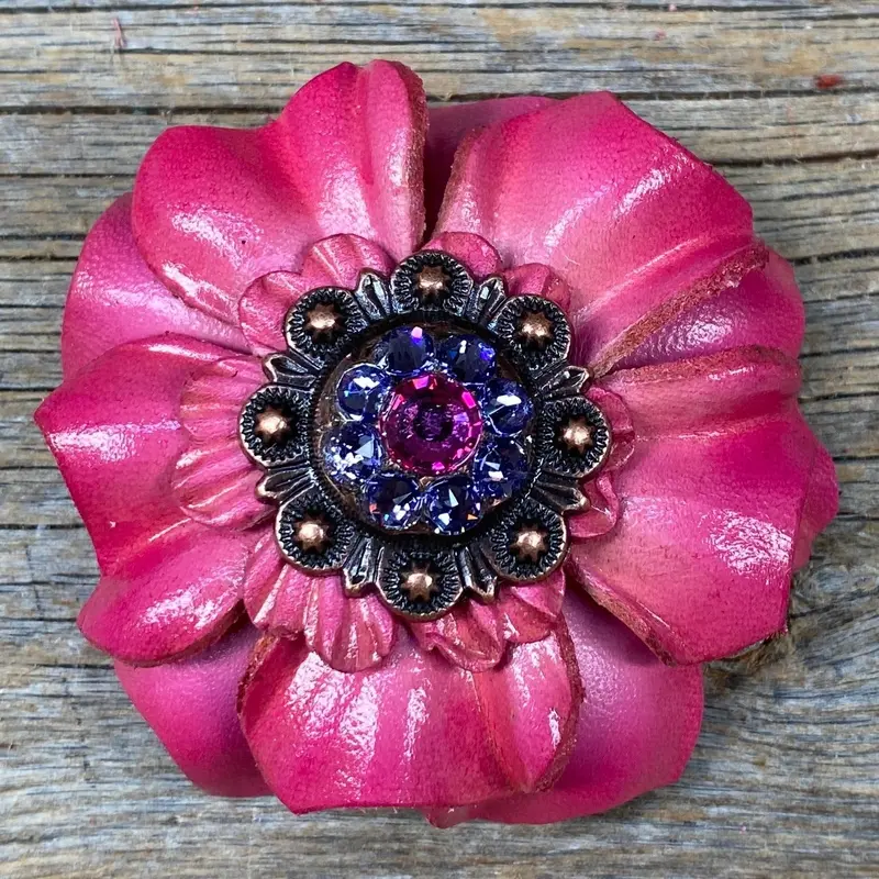 Pink Carnations Leather Flowers - 1" Crystal Conchos - Options 3