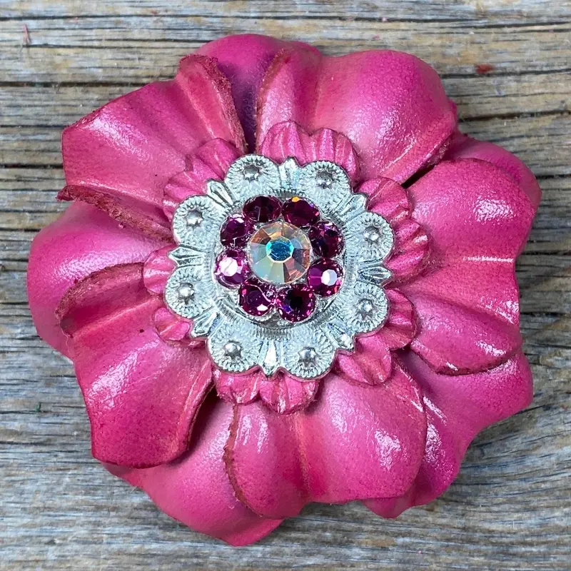 Pink Carnations Leather Flowers - 1" Crystal Conchos - Options 4