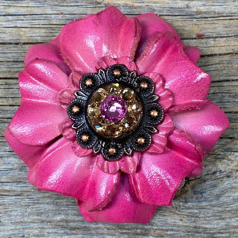 Pink Carnations Leather Flowers - 1" Crystal Conchos - Options 6