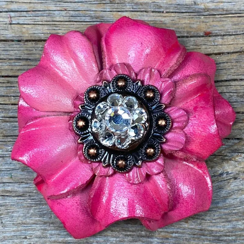 Pink Carnations Leather Flowers - 1" Crystal Conchos - Options 7