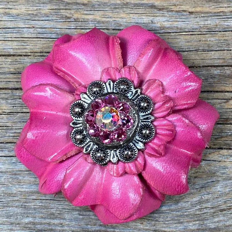 Pink Carnations Leather Flowers - 1" Crystal Conchos - Options 8