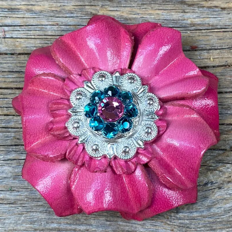 Pink Carnations Leather Flowers - 1" Crystal Conchos - Options 9