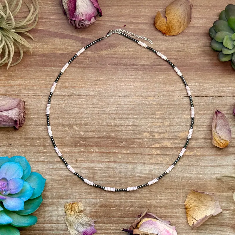 Pink Conch Heishi & 3Mm Sterling Silver Pearl Necklace 20 Inch 1