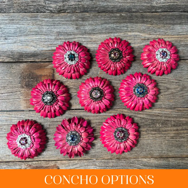 Pink Daisy Leather Flowers - 1" Crystal Conchos - Options 1