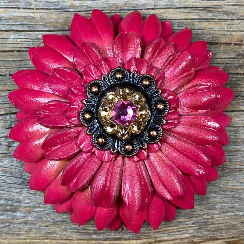 Pink Daisy Leather Flowers - 1" Crystal Conchos - Options 3