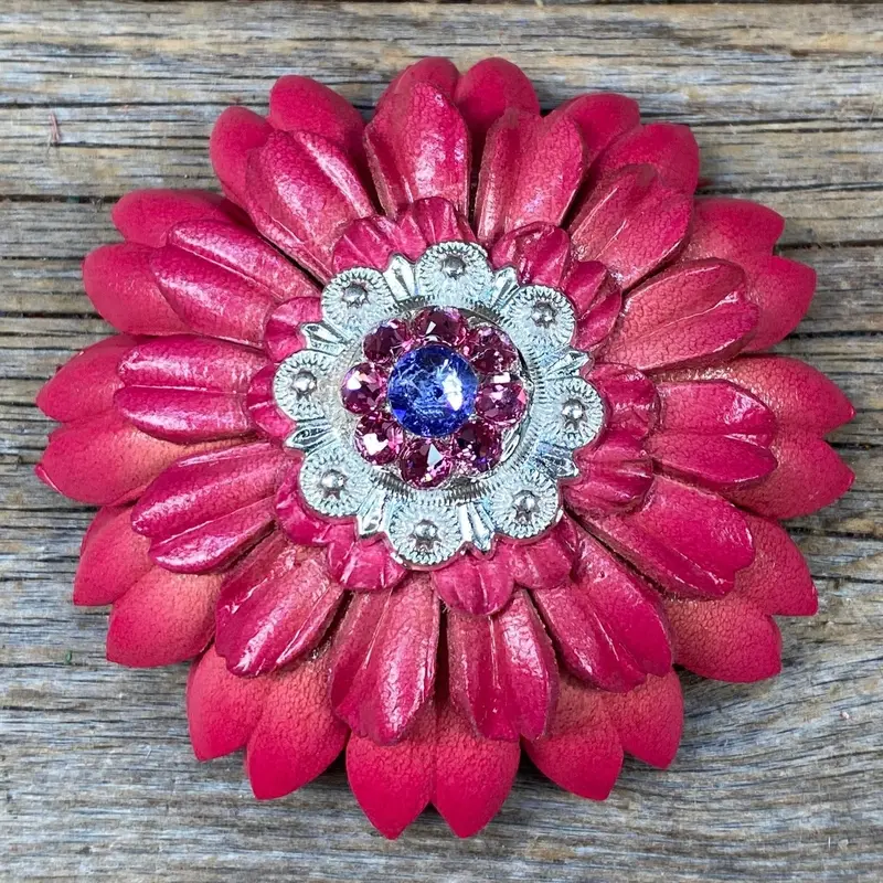 Pink Daisy Leather Flowers - 1" Crystal Conchos - Options 4