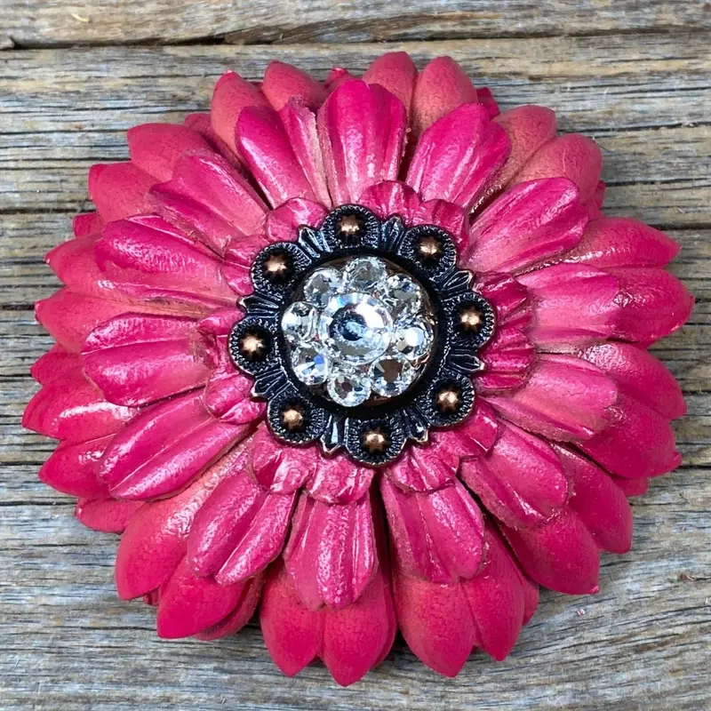 Pink Daisy Leather Flowers - 1" Crystal Conchos - Options 5