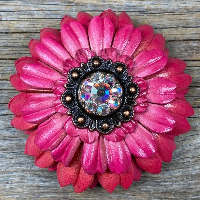 Pink Daisy Leather Flowers - 1" Crystal Conchos - Options 6