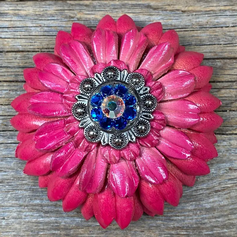 Pink Daisy Leather Flowers - 1" Crystal Conchos - Options 7