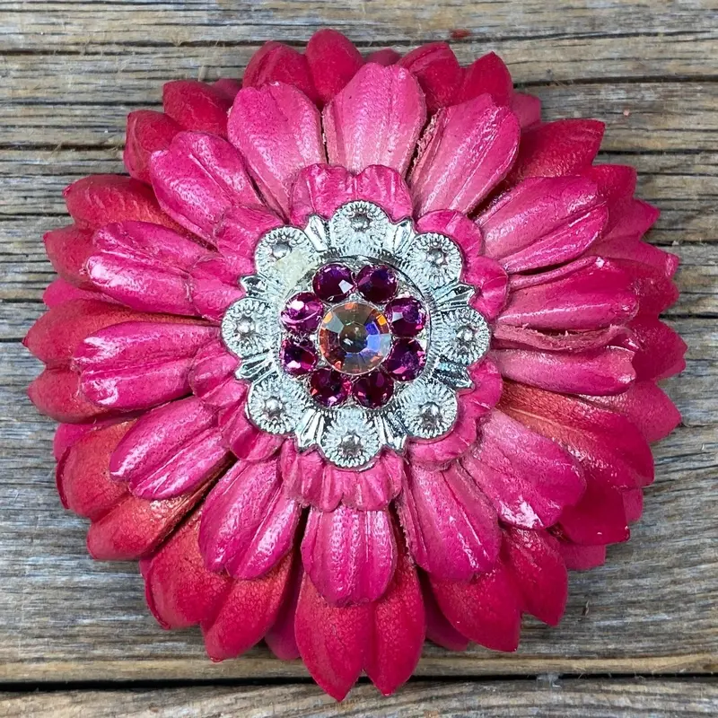 Pink Daisy Leather Flowers - 1" Crystal Conchos - Options 8