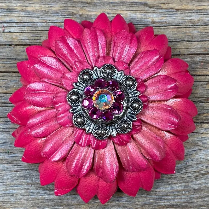 Pink Daisy Leather Flowers - 1" Crystal Conchos - Options 9