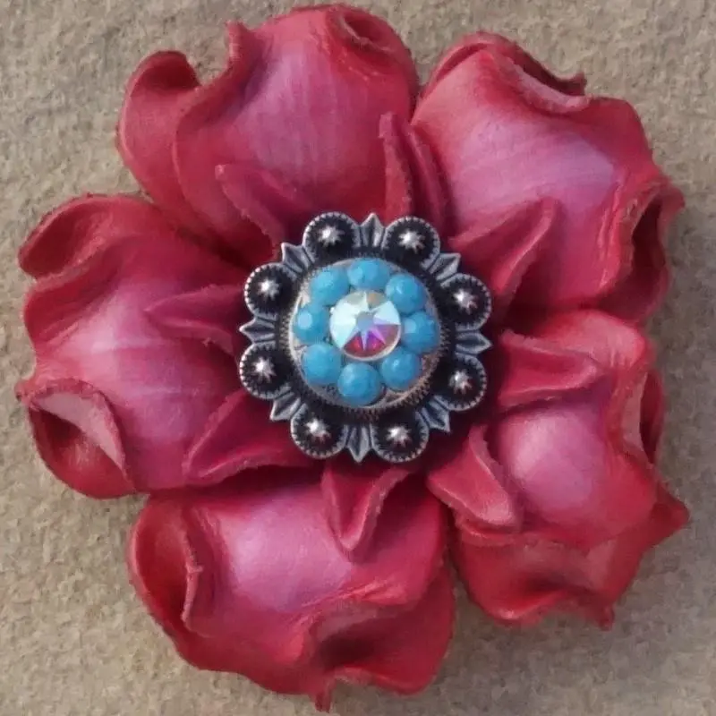 Pink Gardenia Flower With Antique Silver Turquoise & Ab 1" Concho 1